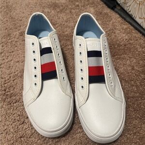 Tommy Hilfiger White Slip-On Sneakers with Red & Navy Stripe